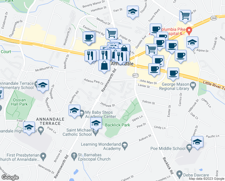 map of restaurants, bars, coffee shops, grocery stores, and more near 7486 Covent Wood Court in Annandale