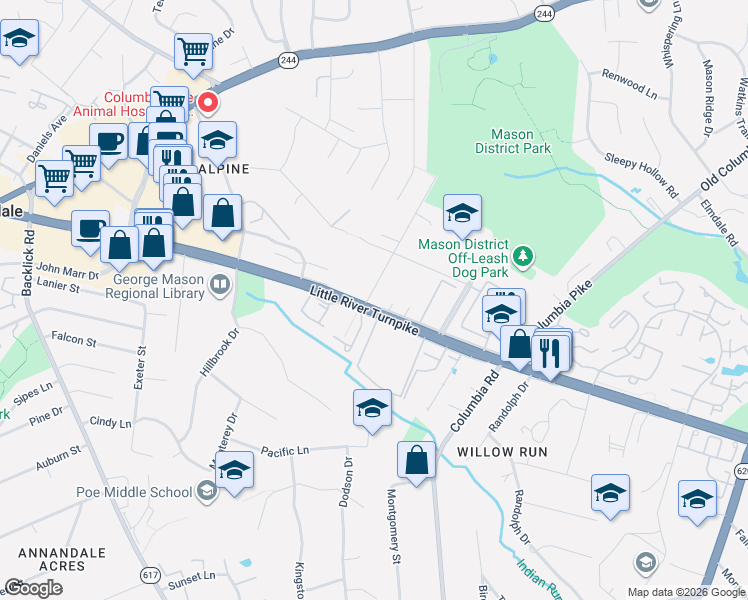 map of restaurants, bars, coffee shops, grocery stores, and more near 4417 Roberts Avenue in Annandale