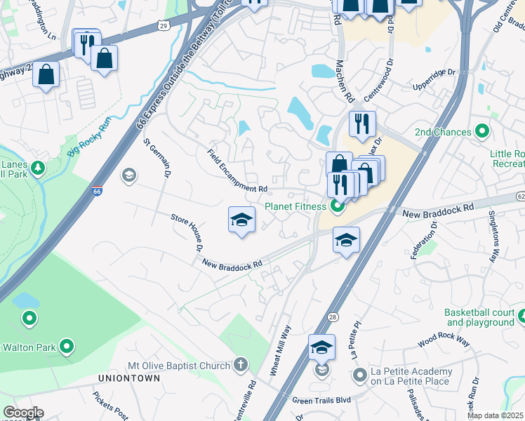 map of restaurants, bars, coffee shops, grocery stores, and more near 14349 Uniform Drive in Centreville