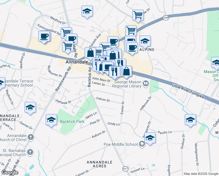 map of restaurants, bars, coffee shops, grocery stores, and more near 7115 Lanier Street in Annandale