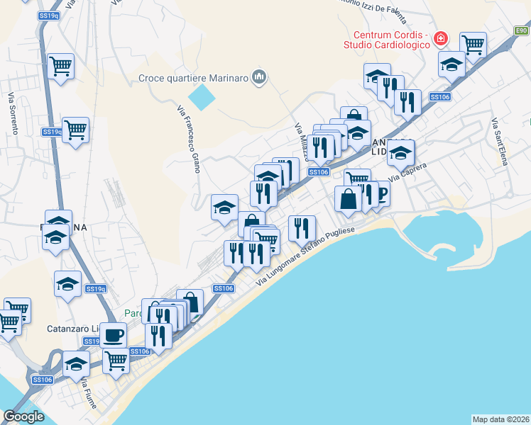 map of restaurants, bars, coffee shops, grocery stores, and more near Via Melito Porto Salvo in Catanzaro