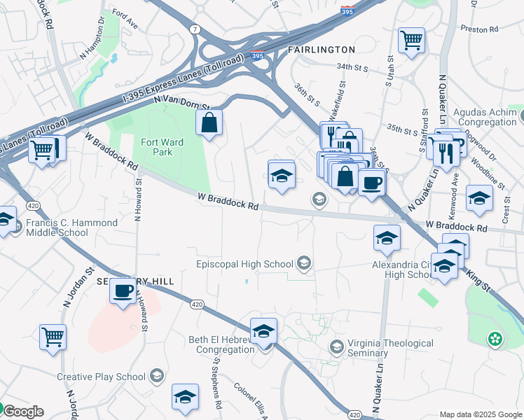 map of restaurants, bars, coffee shops, grocery stores, and more near 3900 West Braddock Road in Alexandria