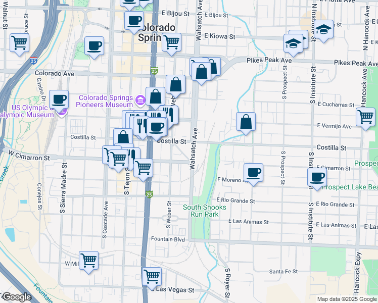map of restaurants, bars, coffee shops, grocery stores, and more near 414 South Wahsatch Avenue in Colorado Springs