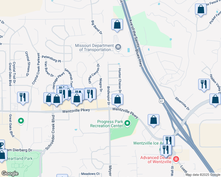 map of restaurants, bars, coffee shops, grocery stores, and more near 1358 Bridlespur Drive in Wentzville