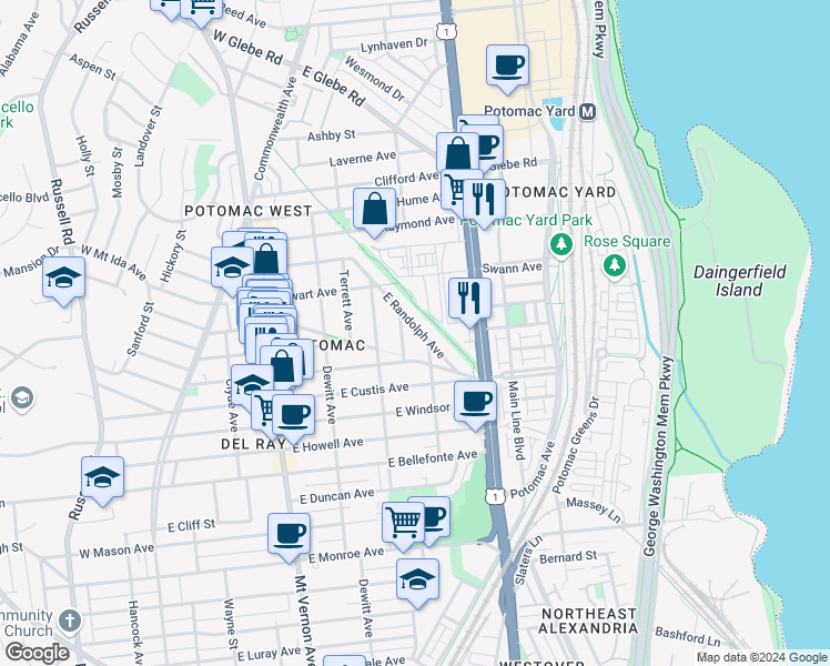map of restaurants, bars, coffee shops, grocery stores, and more near 2402 East Randolph Avenue in Alexandria