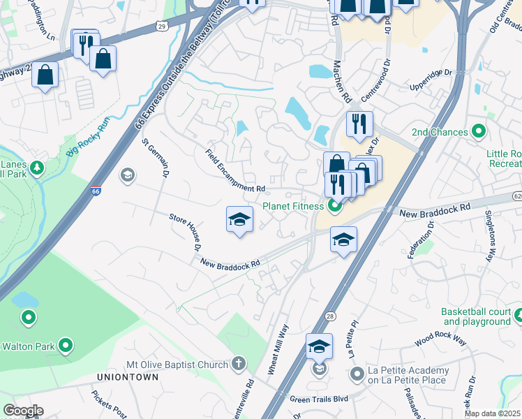 map of restaurants, bars, coffee shops, grocery stores, and more near 14349 Uniform Drive in Centreville