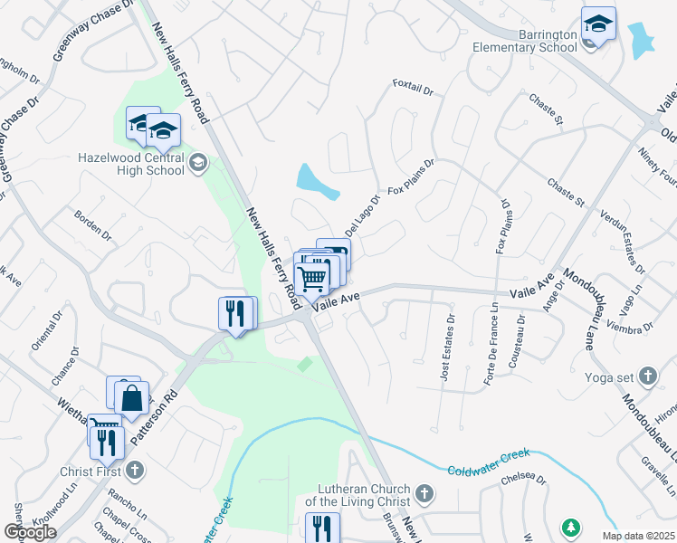 map of restaurants, bars, coffee shops, grocery stores, and more near 3868 Centorbi Court in Florissant