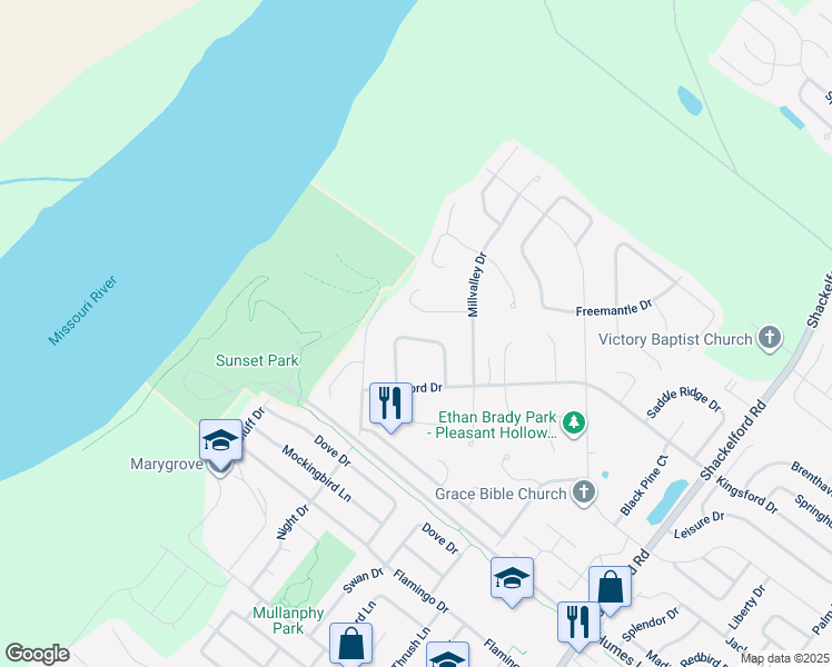 map of restaurants, bars, coffee shops, grocery stores, and more near 2365 Farflung Drive in Florissant
