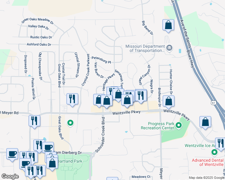 map of restaurants, bars, coffee shops, grocery stores, and more near 214 Colonial Crossing in Wentzville