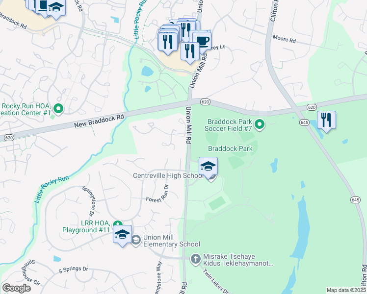 map of restaurants, bars, coffee shops, grocery stores, and more near 6000 Union Mill Road in Clifton