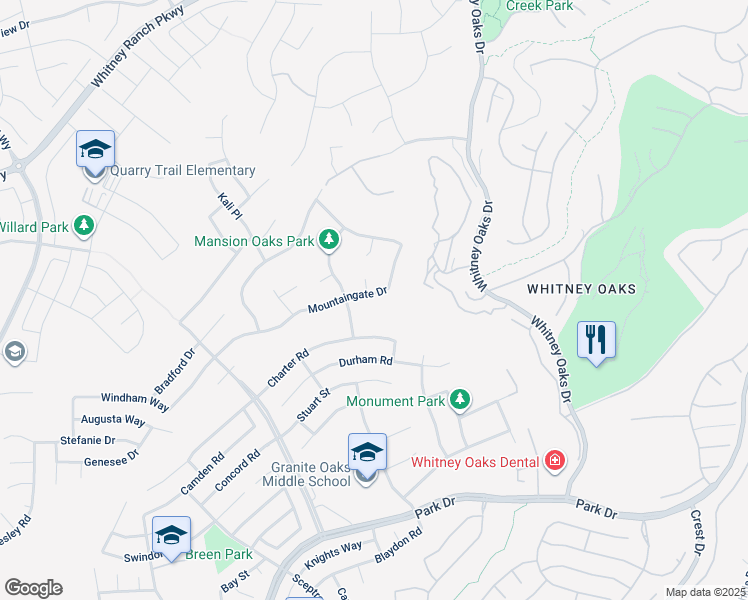 map of restaurants, bars, coffee shops, grocery stores, and more near 4551 Mountaingate Drive in Rocklin