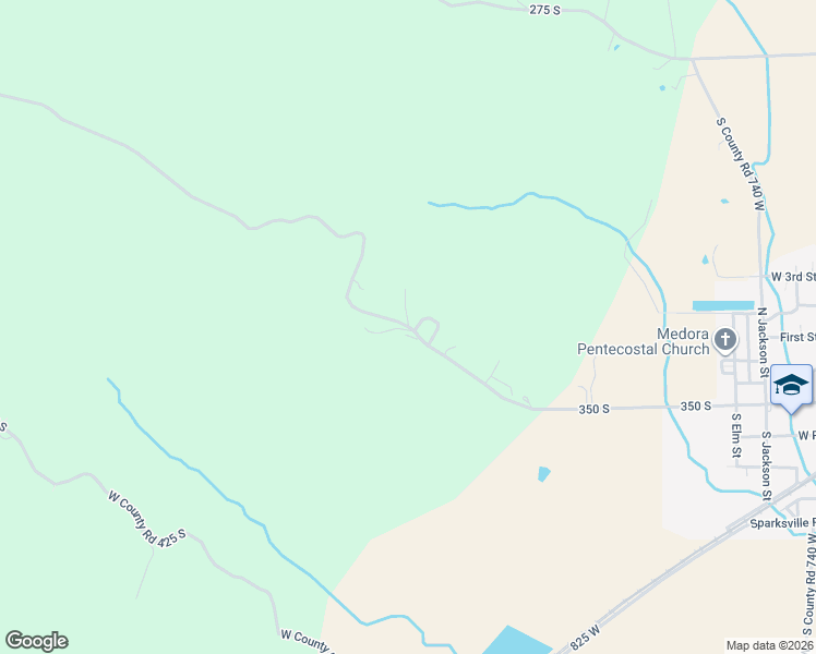 map of restaurants, bars, coffee shops, grocery stores, and more near 7393 West County Road 275 South in Medora