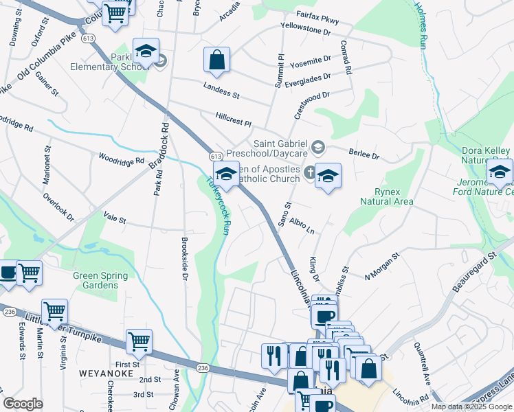 map of restaurants, bars, coffee shops, grocery stores, and more near 6345 Lincolnia Road in Alexandria