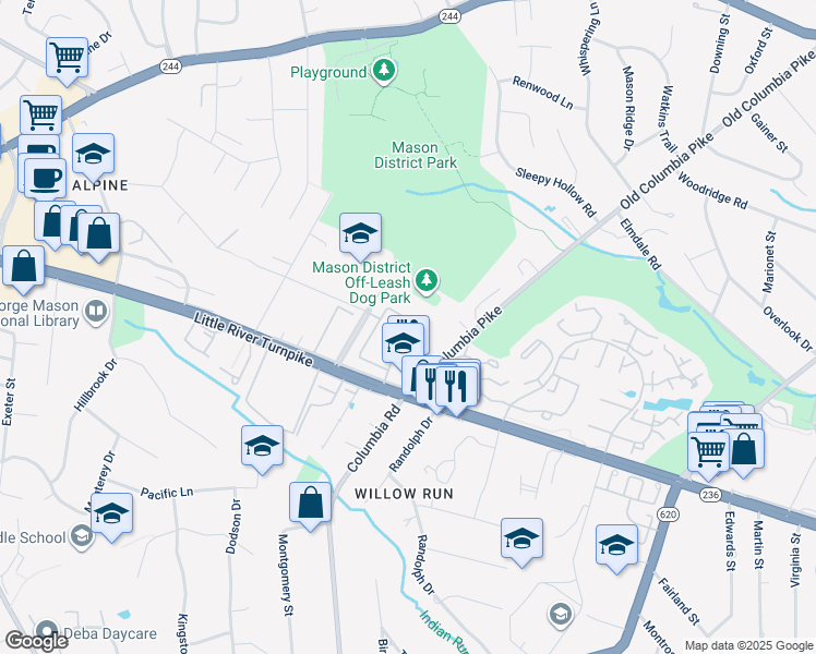 map of restaurants, bars, coffee shops, grocery stores, and more near 4417 Airlie Way in Annandale