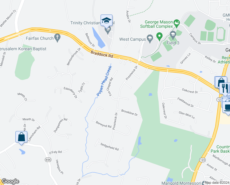 map of restaurants, bars, coffee shops, grocery stores, and more near 4908 Prestwick Drive in Fairfax