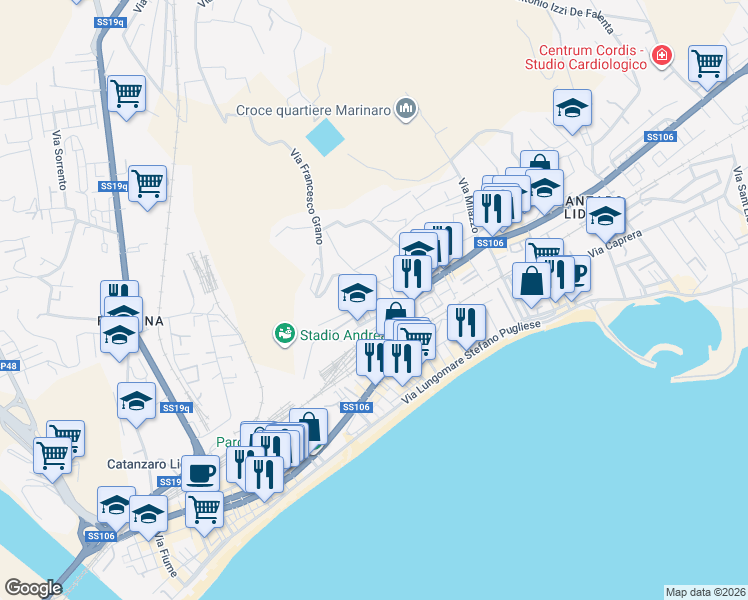 map of restaurants, bars, coffee shops, grocery stores, and more near 14 Via Francesco Grano in Catanzaro