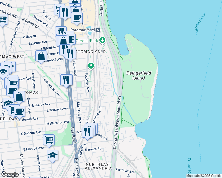 map of restaurants, bars, coffee shops, grocery stores, and more near 1730 Carpenter Road in Alexandria