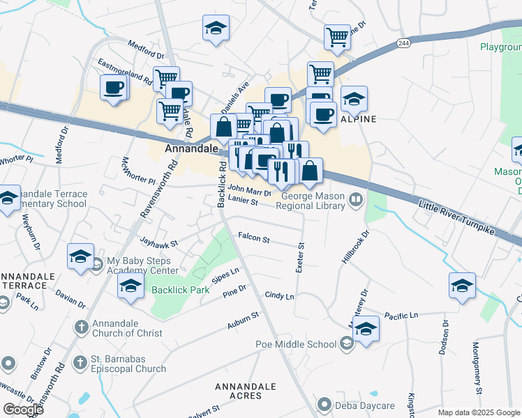map of restaurants, bars, coffee shops, grocery stores, and more near 7119 Lanier Street in Annandale