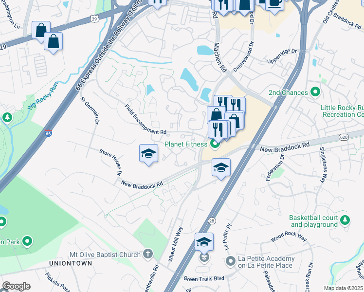 map of restaurants, bars, coffee shops, grocery stores, and more near 6404 Overcoat Lane in Centreville