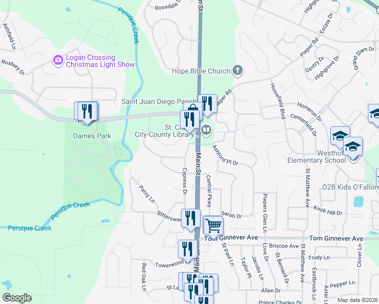 map of restaurants, bars, coffee shops, grocery stores, and more near 1212 Cypress Drive in O'Fallon