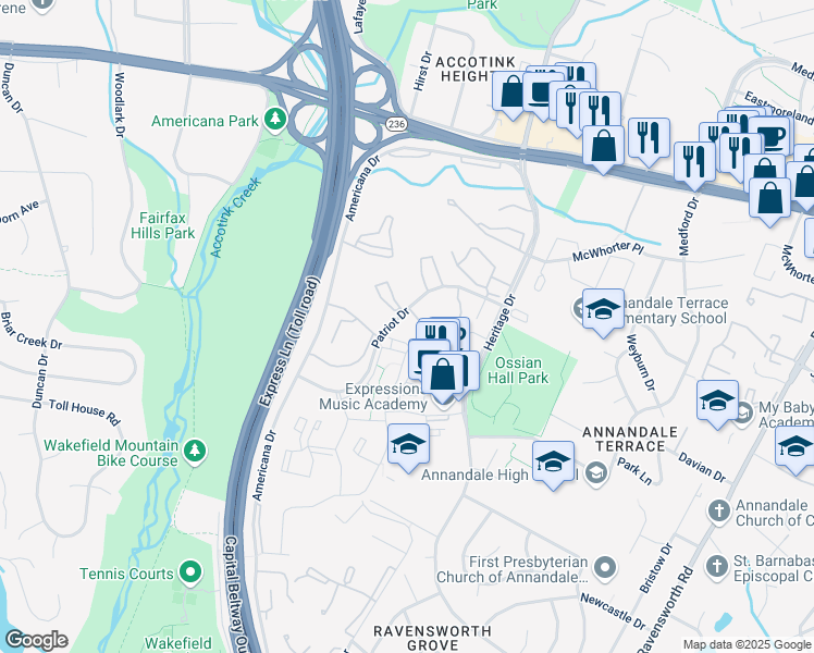 map of restaurants, bars, coffee shops, grocery stores, and more near 7883 Patriot Drive in Annandale