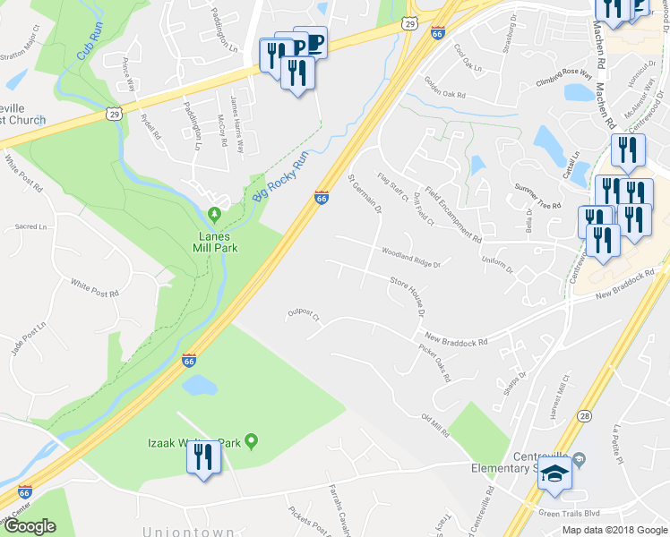 map of restaurants, bars, coffee shops, grocery stores, and more near 14615 Store House Drive in Centreville