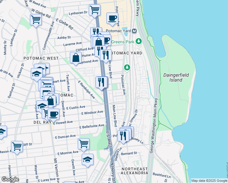 map of restaurants, bars, coffee shops, grocery stores, and more near 2313 Main Line Boulevard in Alexandria
