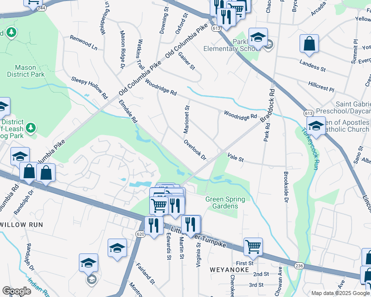 map of restaurants, bars, coffee shops, grocery stores, and more near 6447 Overlook Drive in Alexandria
