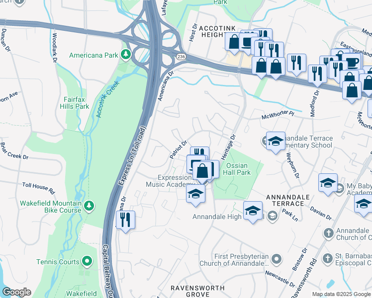 map of restaurants, bars, coffee shops, grocery stores, and more near 7887 Patriot Dr in Annandale