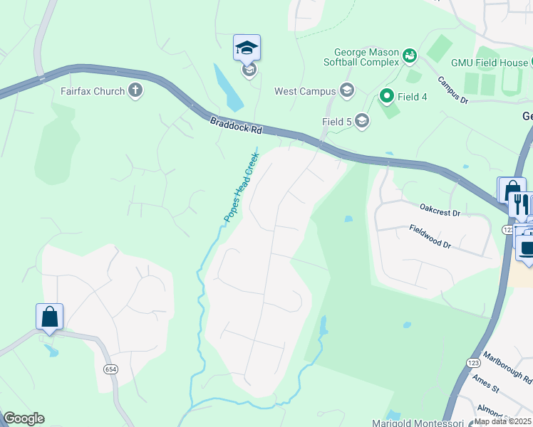map of restaurants, bars, coffee shops, grocery stores, and more near 4908 Prestwick Drive in Fairfax