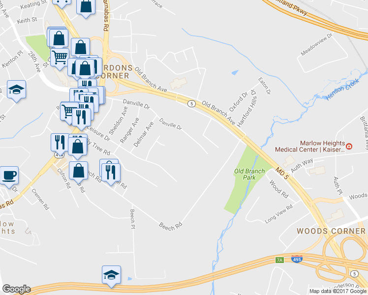 map of restaurants, bars, coffee shops, grocery stores, and more near 4107 Danville Drive in Temple Hills