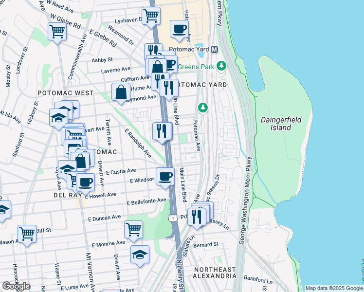 map of restaurants, bars, coffee shops, grocery stores, and more near 2313 Main Line Boulevard in Alexandria