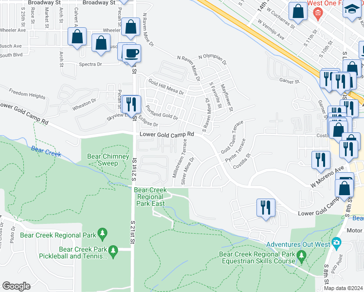 map of restaurants, bars, coffee shops, grocery stores, and more near 342 Millstream Terrace in Colorado Springs