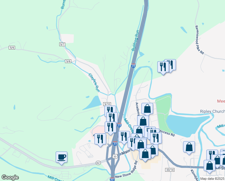 map of restaurants, bars, coffee shops, grocery stores, and more near 30 Donna Road in Ripley