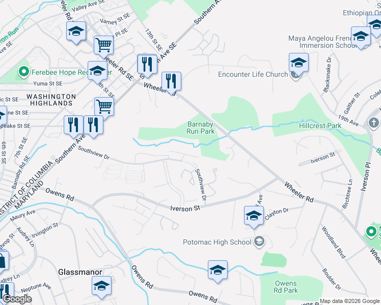 map of restaurants, bars, coffee shops, grocery stores, and more near 1500 Southview Drive in Oxon Hill