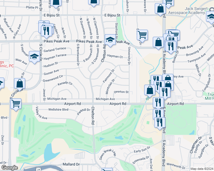 map of restaurants, bars, coffee shops, grocery stores, and more near 234 Montclair Street in Colorado Springs