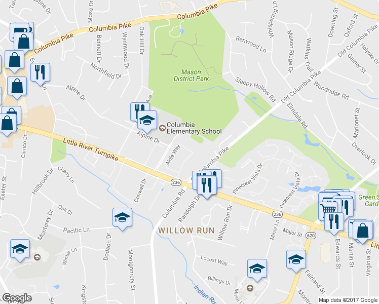 map of restaurants, bars, coffee shops, grocery stores, and more near 4417 Airlie Way in Annandale