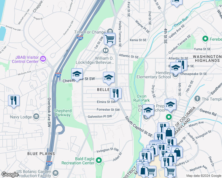 map of restaurants, bars, coffee shops, grocery stores, and more near 4294 South Capitol Street Southeast in Washington
