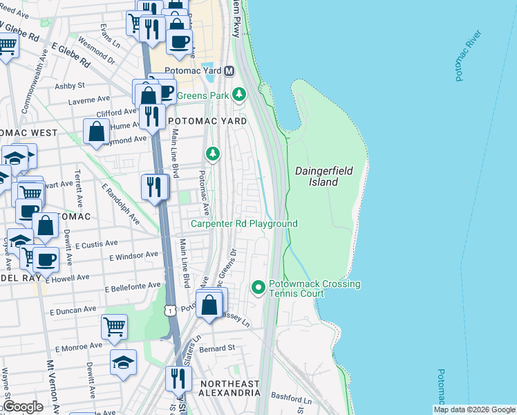 map of restaurants, bars, coffee shops, grocery stores, and more near 1732 Carpenter Road in Alexandria