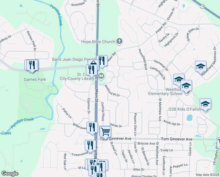 map of restaurants, bars, coffee shops, grocery stores, and more near 1272 Ashford Place Drive in O'Fallon