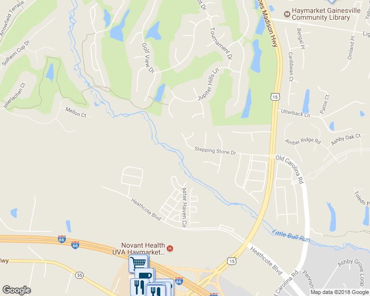 map of restaurants, bars, coffee shops, grocery stores, and more near 15133 Stepping Stone Drive in Haymarket