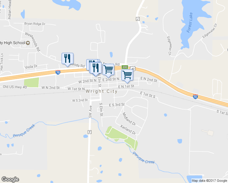 map of restaurants, bars, coffee shops, grocery stores, and more near 115 South Locust Street in Wright City