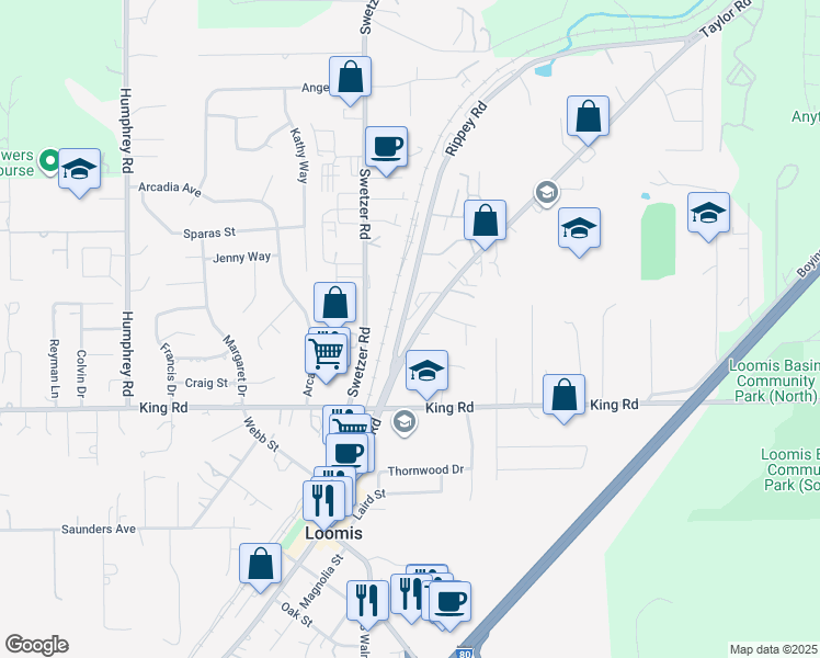 map of restaurants, bars, coffee shops, grocery stores, and more near 3390 Taylor Road in Loomis