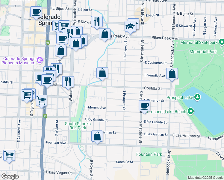 map of restaurants, bars, coffee shops, grocery stores, and more near 715 East Costilla Street in Colorado Springs