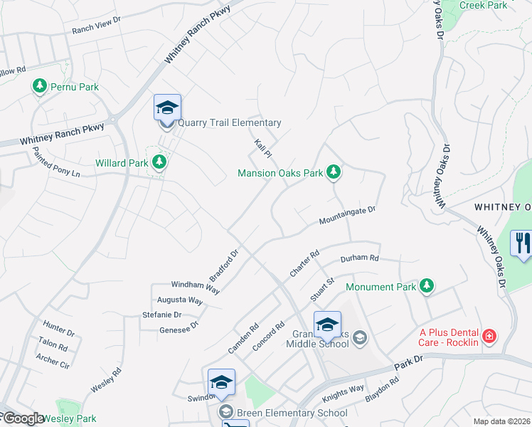 map of restaurants, bars, coffee shops, grocery stores, and more near 4445 Pebble Beach Road in Rocklin