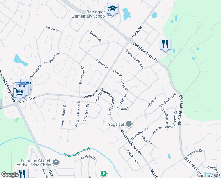 map of restaurants, bars, coffee shops, grocery stores, and more near 14858 Frais Drive in Florissant