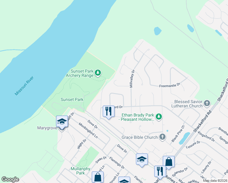 map of restaurants, bars, coffee shops, grocery stores, and more near 2365 Farflung Drive in Florissant