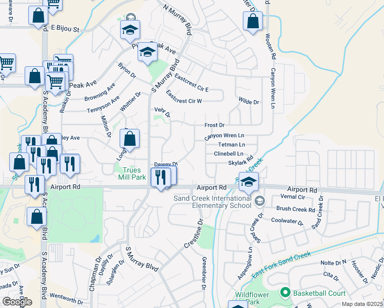 map of restaurants, bars, coffee shops, grocery stores, and more near 4421 Dewey Drive in Colorado Springs