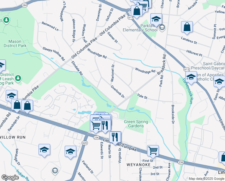 map of restaurants, bars, coffee shops, grocery stores, and more near 6447 Overlook Drive in Alexandria