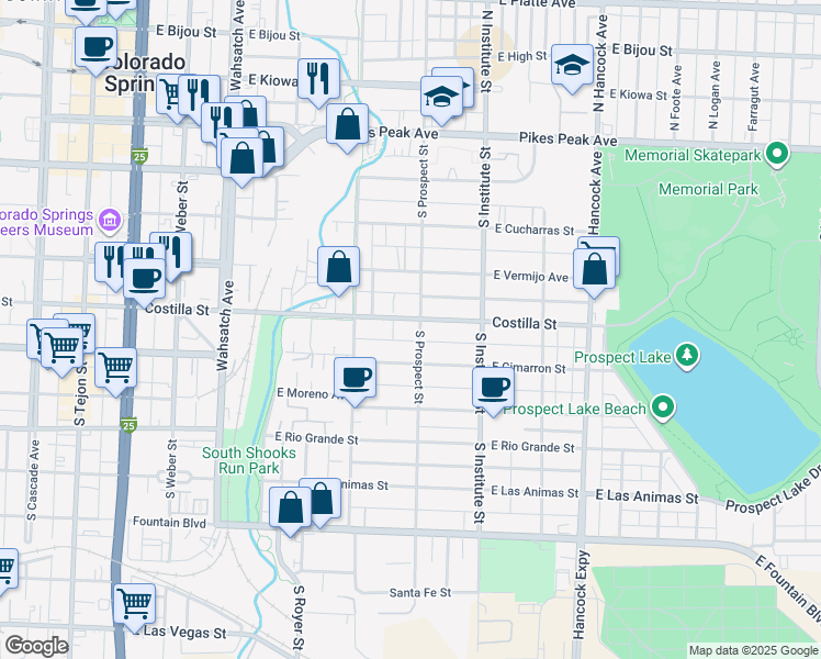 map of restaurants, bars, coffee shops, grocery stores, and more near 747 East Costilla Street in Colorado Springs